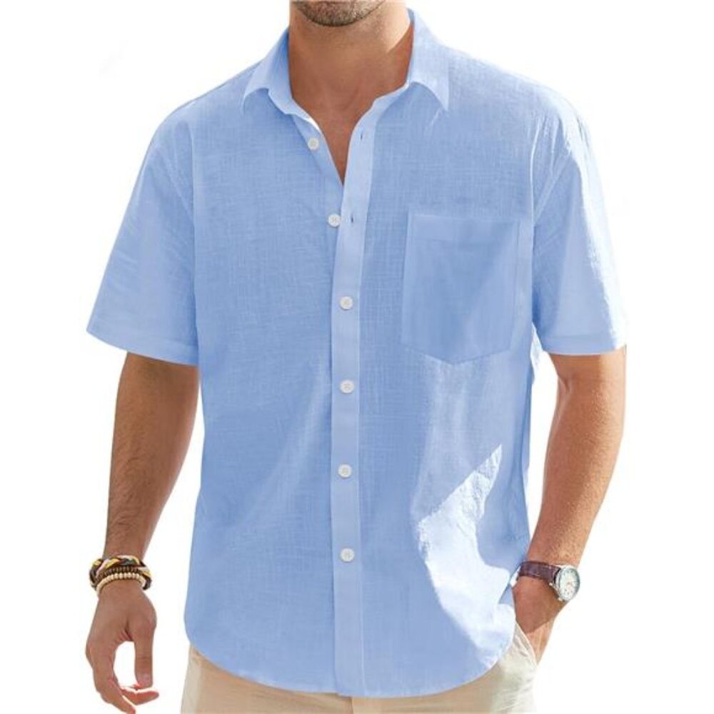 Men's Light Blue Cotton Linen Short Sleeve Casual Lightweight Button Down Shirt‎